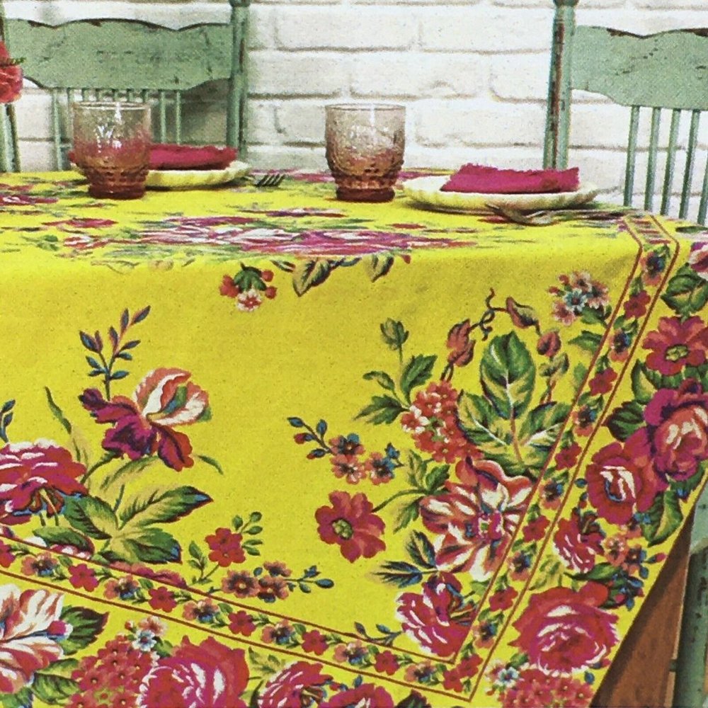 April Cornell Vivian Yellow Pink Rose Iris Flower Garden 54x54 Tablecloth Summer